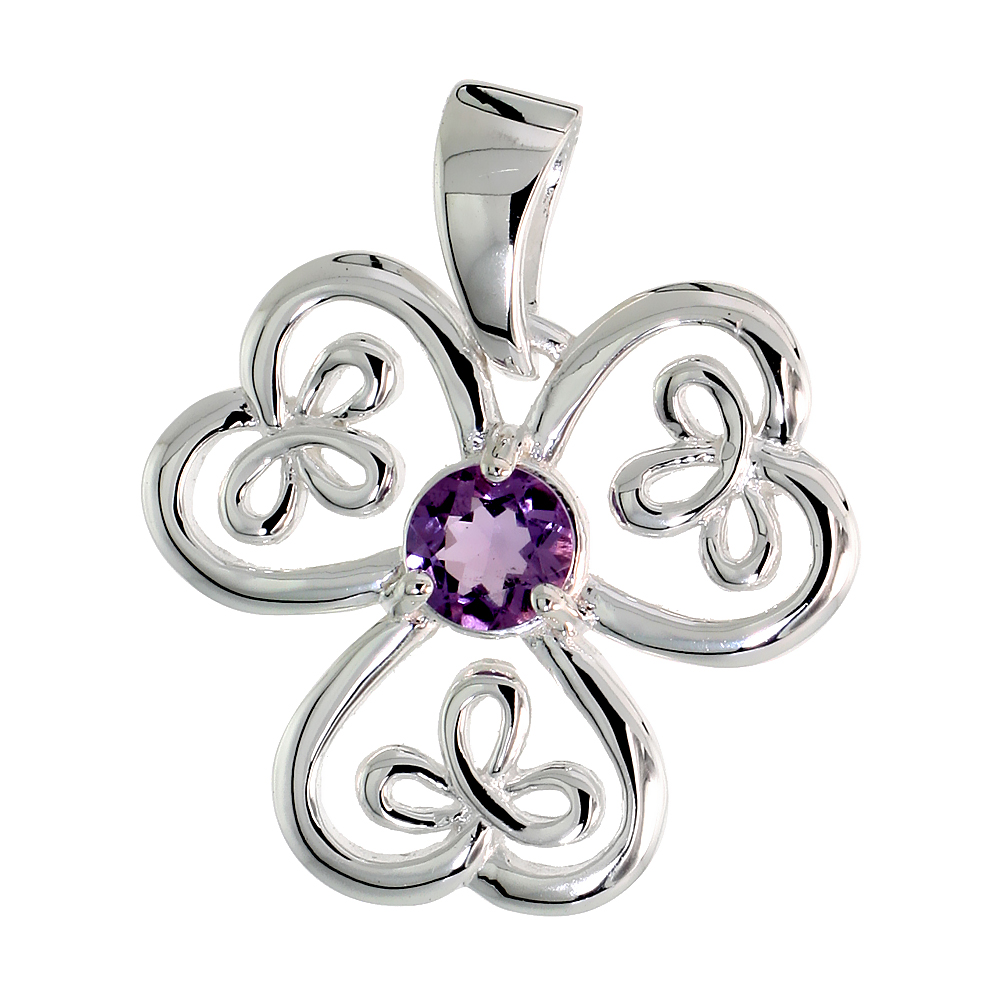 STERLING SILVER GENUINE AMETHYST CELTIC SHAMROCK PENDANT LARGE, 1 INCH LONG