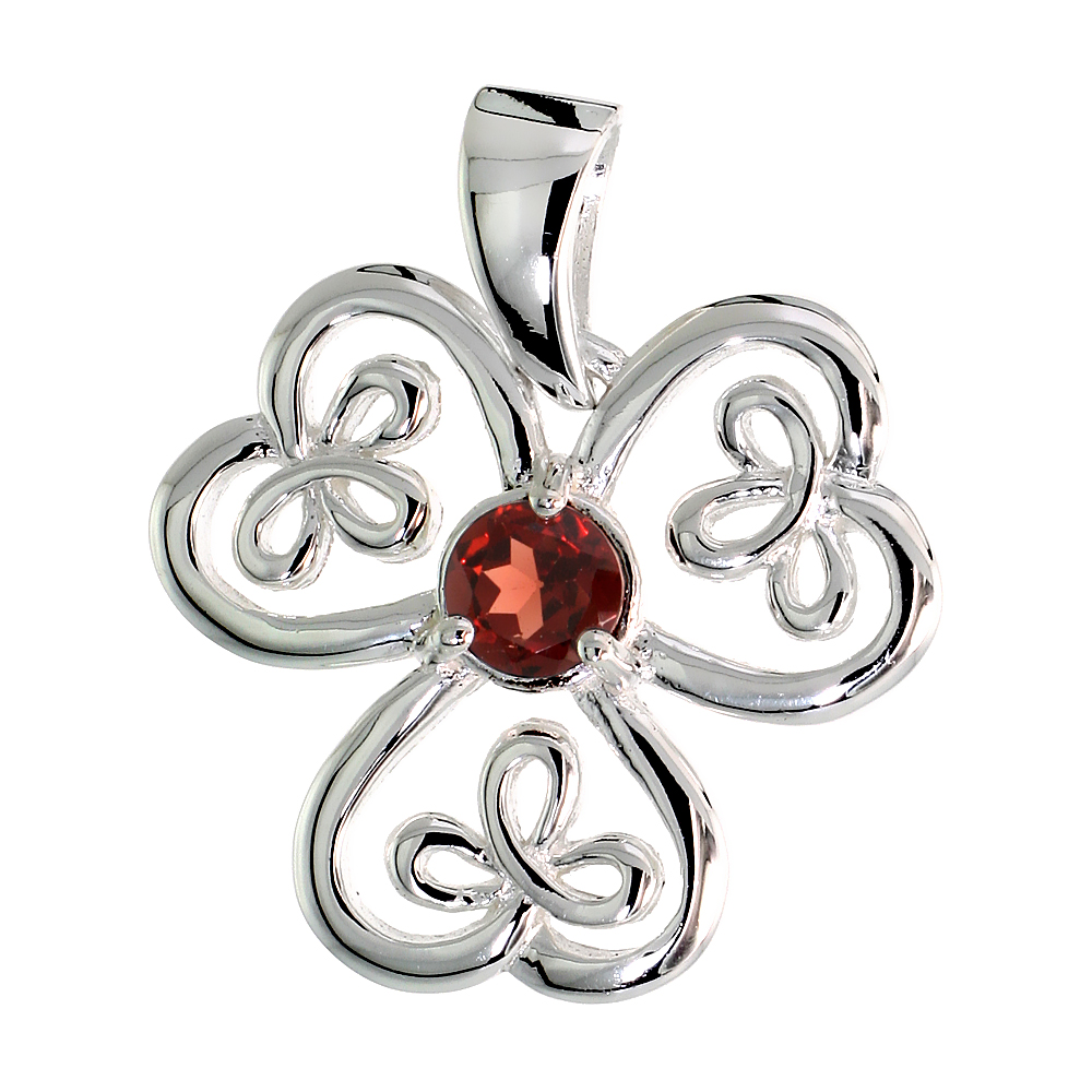 STERLING SILVER GENUINE GARNET CELTIC SHAMROCK PENDANT LARGE, 1 INCH LONG