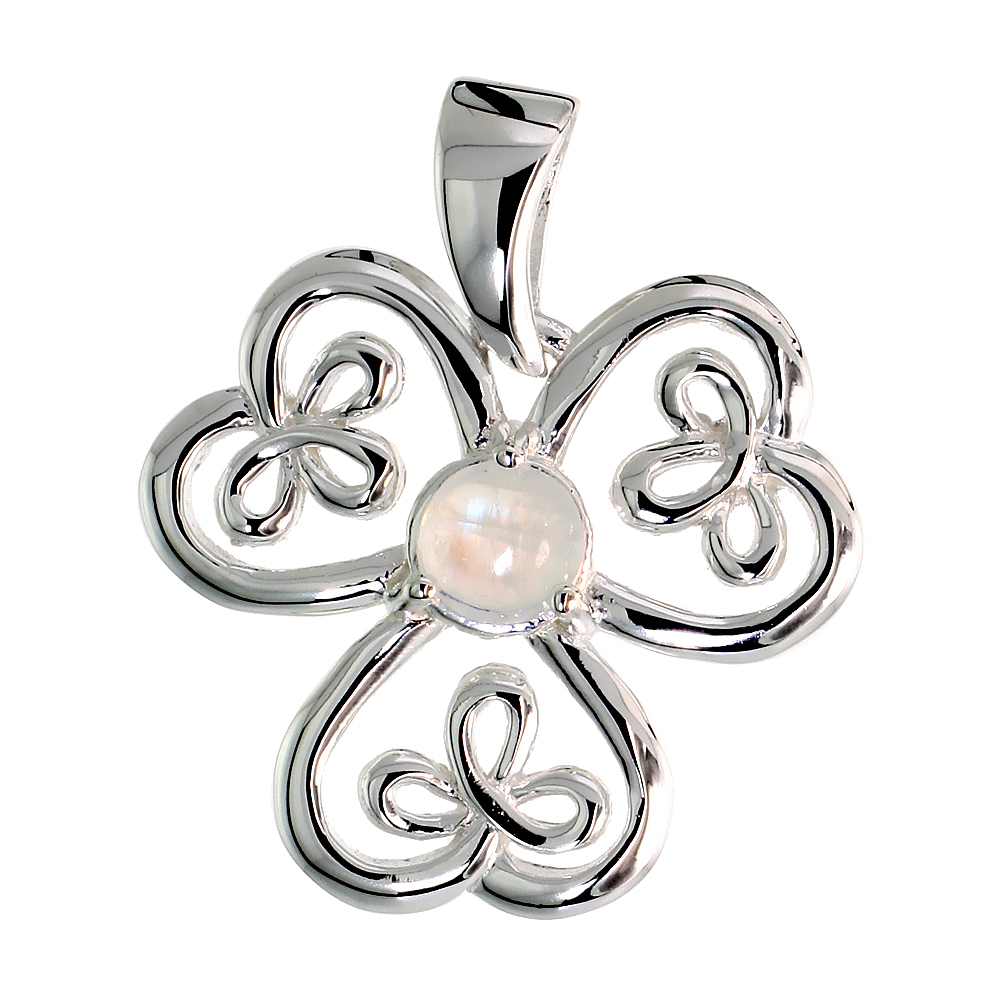 STERLING SILVER GENUINE MOONSTONE CELTIC SHAMROCK PENDANT LARGE, 1 INCH LONG