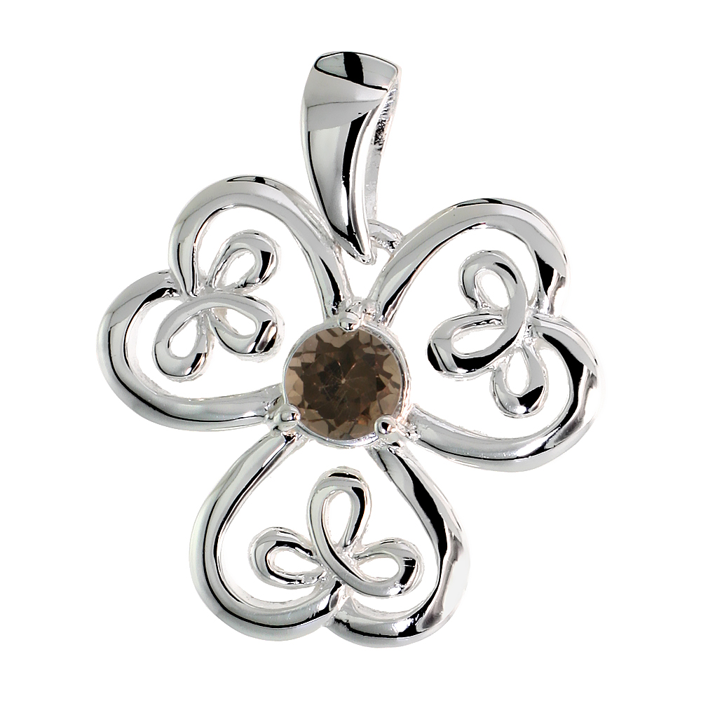 STERLING SILVER GENUINE SMOKY TOPAZ CELTIC SHAMROCK PENDANT LARGE, 1 INCH LONG
