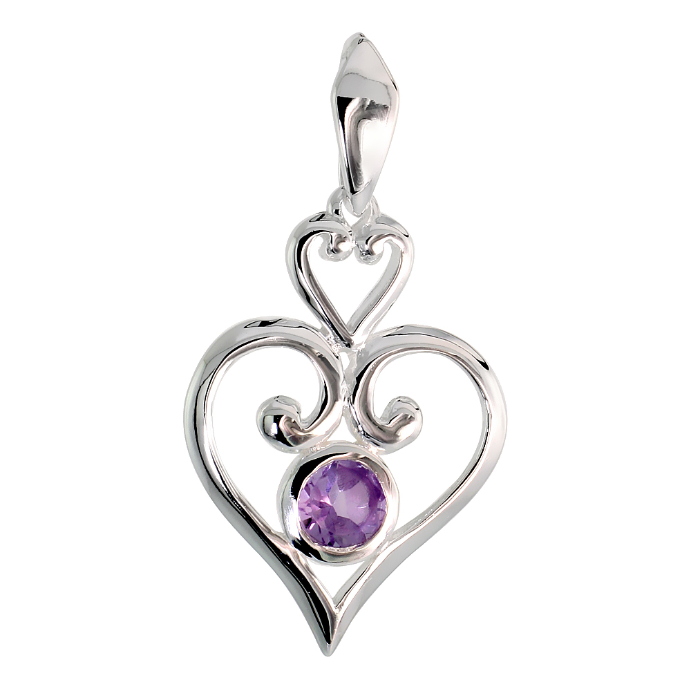 STERLING SILVER GENUINE AMETHYST SCROLL HEART PENDANT, 1 1/4 INCH LONG