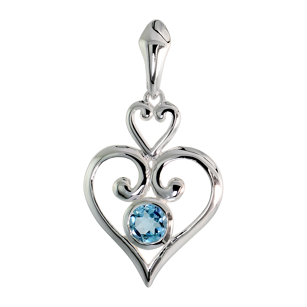 STERLING SILVER GENUINE BLUE TOPAZ SCROLL HEART PENDANT, 1 1/4 INCH LONG