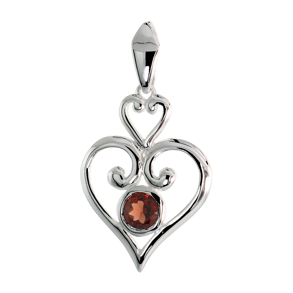 STERLING SILVER GENUINE GARNET SCROLL HEART PENDANT, 1 1/4 INCH LONG