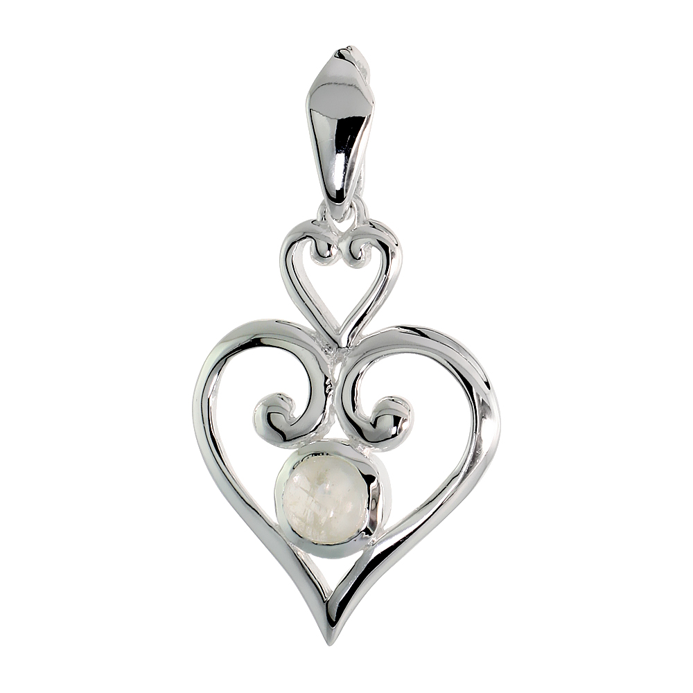 STERLING SILVER GENUINE MOONSTONE SCROLL HEART PENDANT, 1 1/4 INCH LONG