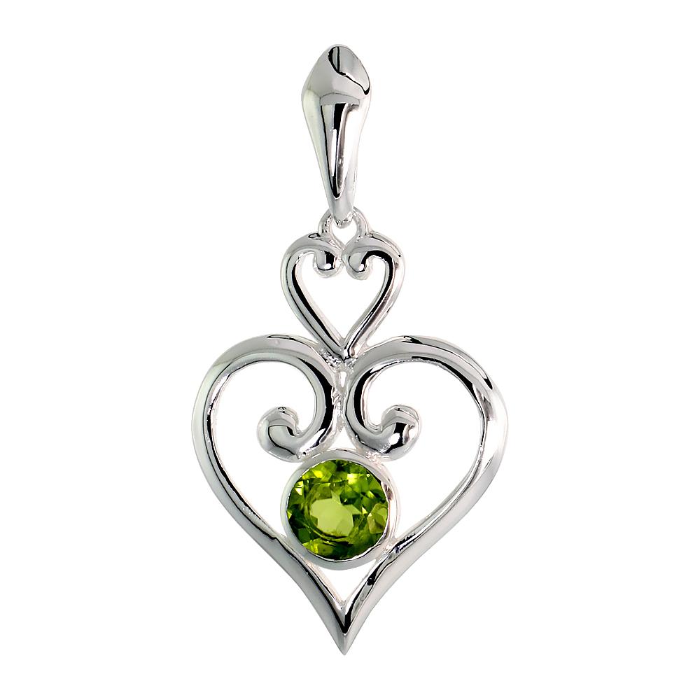 STERLING SILVER GENUINE PERIDOT SCROLL HEART PENDANT, 1 1/4 INCH LONG