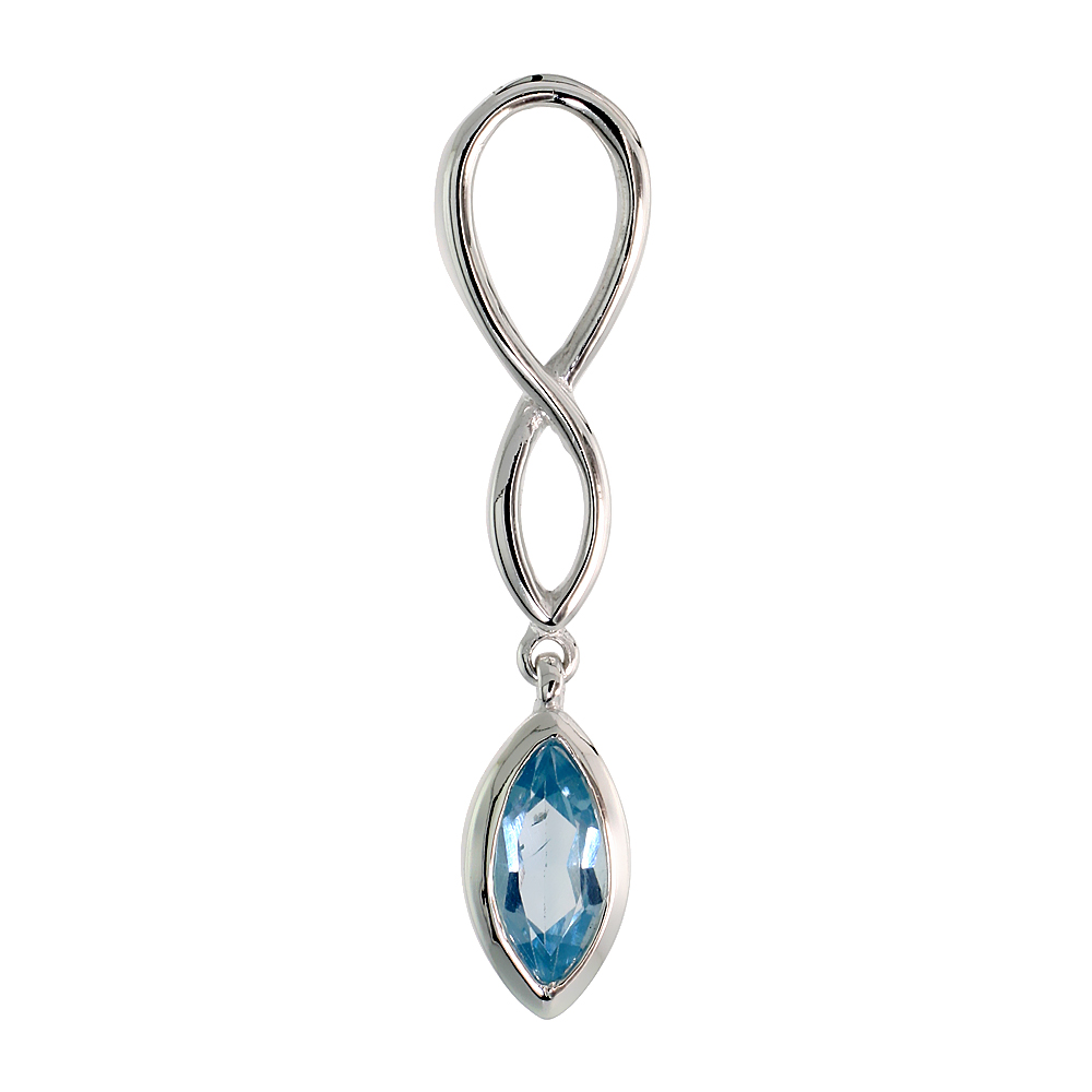 STERLING SILVER GENUINE BLUE TOPAZ INFINITY SYMBOL PENDANT TEARDROP, 1 1/2 INCH LONG