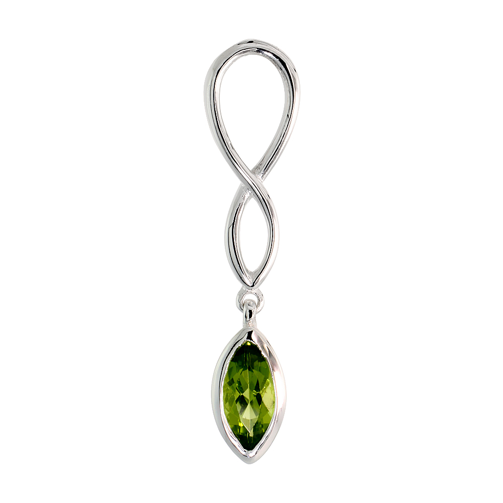 STERLING SILVER GENUINE PERIDOT INFINITY SYMBOL PENDANT TEARDROP, 1 1/2 INCH LONG