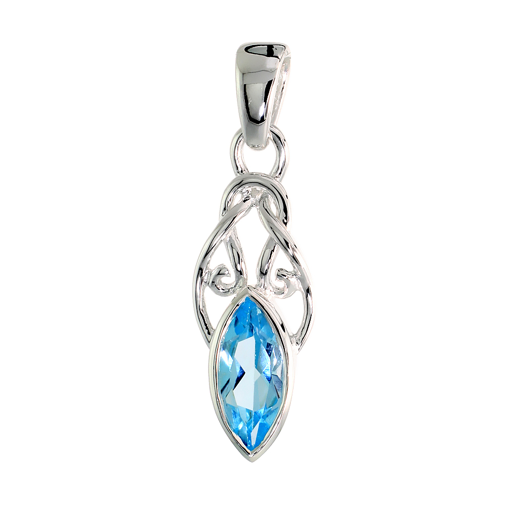 STERLING SILVER GENUINE MARQUISE BLUE TOPAZ KNOT PENDANT, 1 1/16 INCH LONG