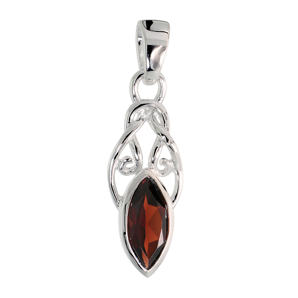STERLING SILVER GENUINE MARQUISE GARNET KNOT PENDANT, 1 1/16 INCH LONG