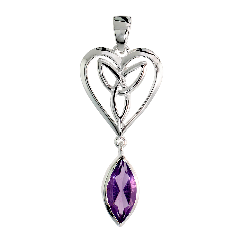 STERLING SILVER GENUINE AMETHYST TRIQUETRA PENDANT CELTIC HEART, 1 1/4 INCH LONG