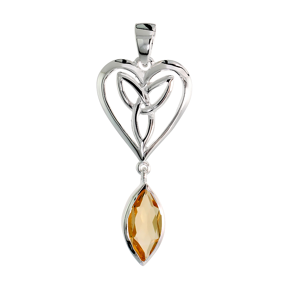 STERLING SILVER GENUINE CITRINE TRIQUETRA PENDANT CELTIC HEART, 1 1/4 INCH LONG