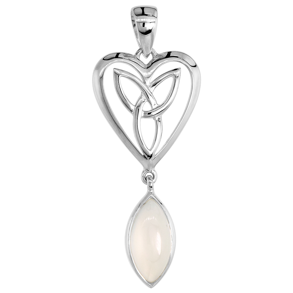 STERLING SILVER GENUINE MOONSTONE TRIQUETRA PENDANT CELTIC HEART, 1 1/4 INCH LONG