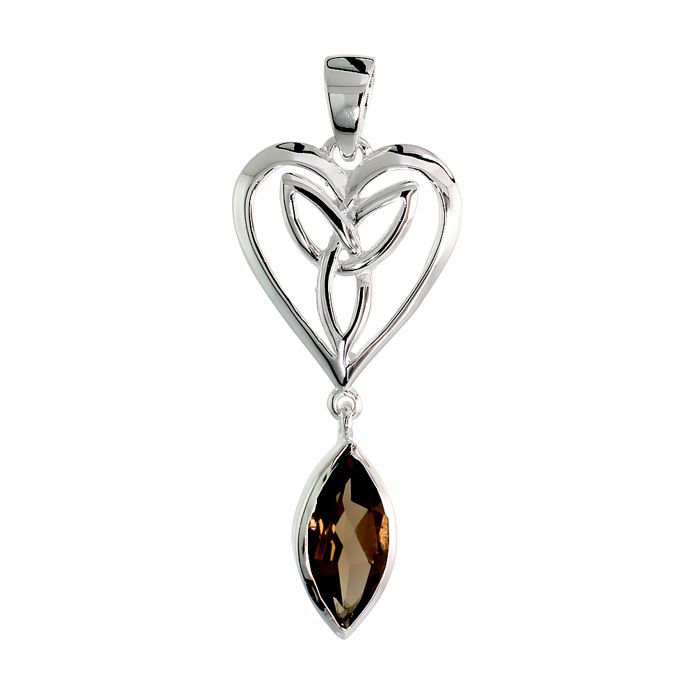 STERLING SILVER GENUINE SMOKY TOPAZ TRIQUETRA PENDANT CELTIC HEART, 1 1/4 INCH LONG