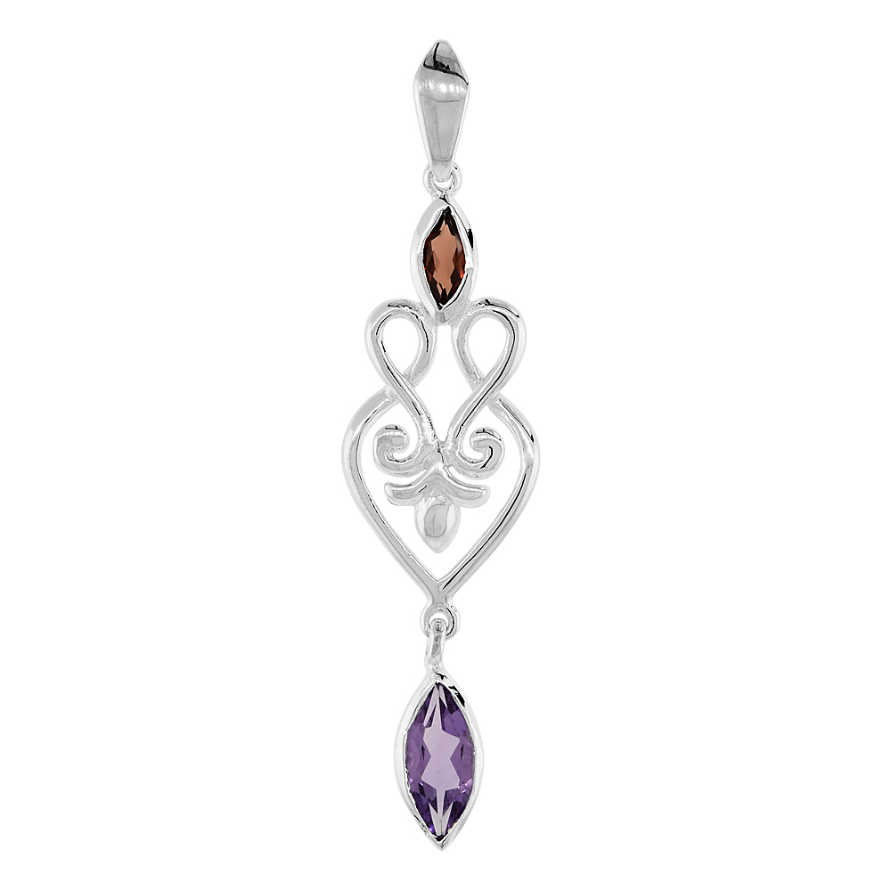 STERLING SILVER GENUINE AMETHYST GARNET SCROLL HEART PENDANT, 2 1/16 INCH LONG
