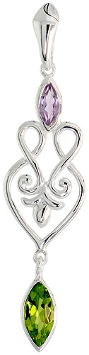 STERLING SILVER GENUINE PERIDOT CITRINE SCROLL HEART PENDANT, 2 1/16 INCH LONG