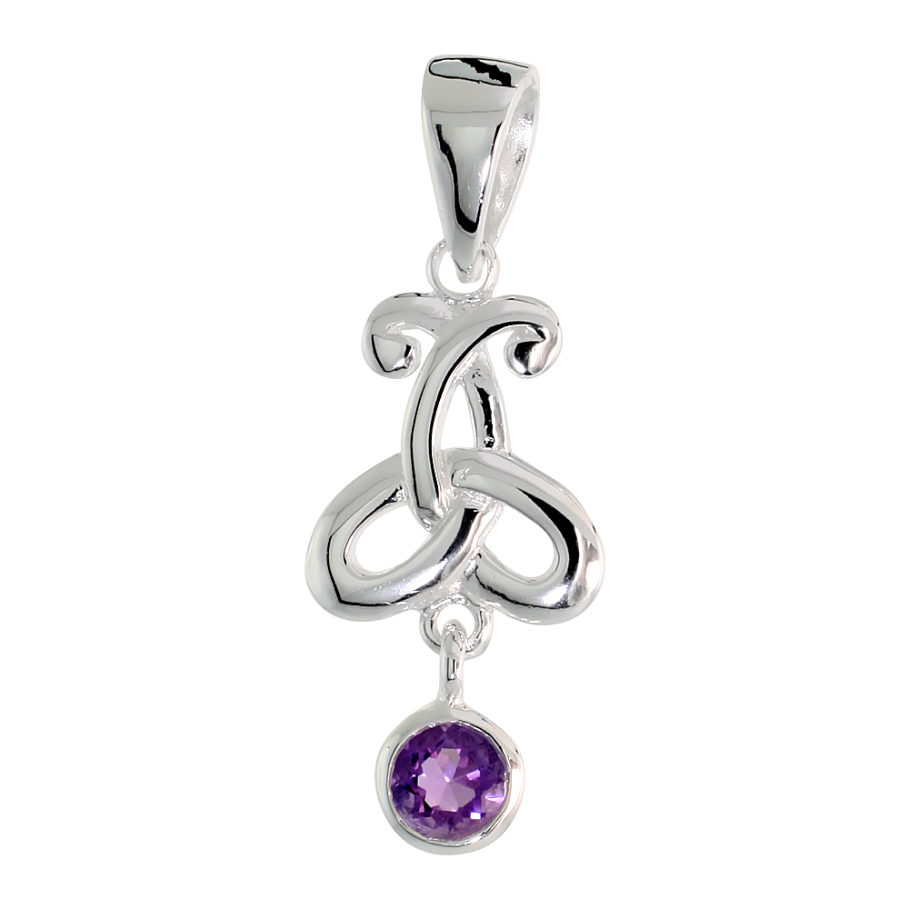 STERLING SILVER GENUINE AMETHYST TRIQUETRA PENDANT CELTIC TRINITY KNOT, 1 1/16 INCH LONG