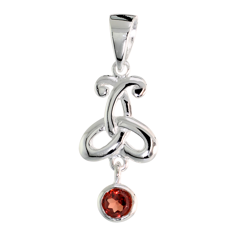STERLING SILVER GENUINE GARNET TRIQUETRA PENDANT CELTIC TRINITY KNOT, 1 1/16 INCH LONG