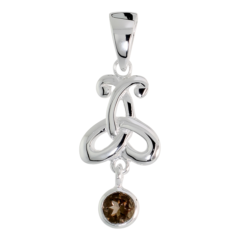STERLING SILVER GENUINE SMOKY TOPAZ TRIQUETRA PENDANT CELTIC TRINITY KNOT, 1 1/16 INCH LONG