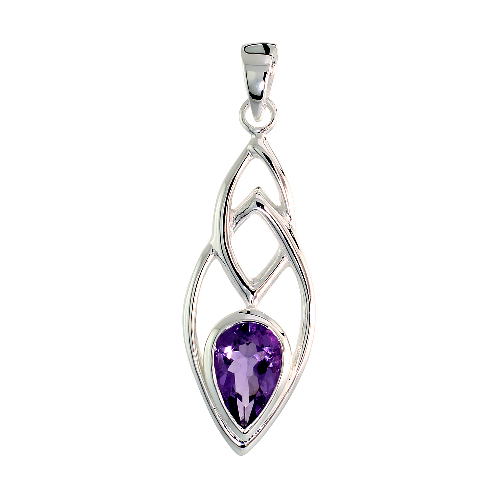 STERLING SILVER GENUINE AMETHYST TEARDROP PENDANT, 1 1/2 INCH LONG