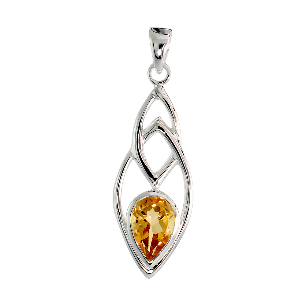 STERLING SILVER GENUINE CITRINE TEARDROP PENDANT, 1 1/2 INCH LONG