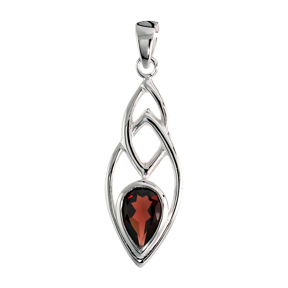 STERLING SILVER GENUINE GARNET TEARDROP PENDANT, 1 1/2 INCH LONG