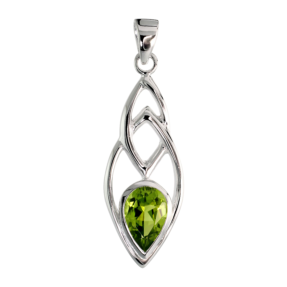 STERLING SILVER GENUINE PERIDOT TEARDROP PENDANT, 1 1/2 INCH LONG