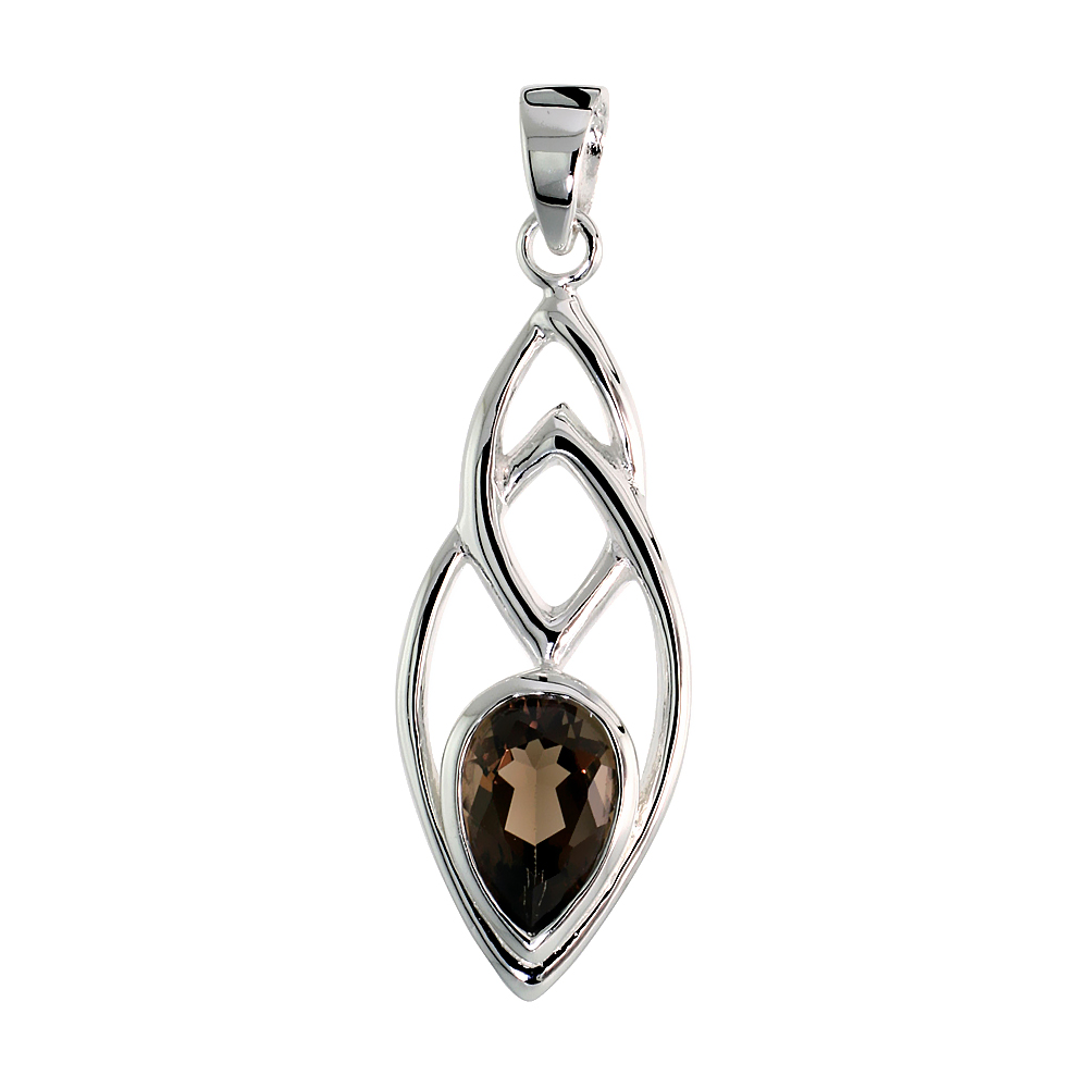 STERLING SILVER GENUINE SMOKY TOPAZ TEARDROP PENDANT, 1 1/2 INCH LONG