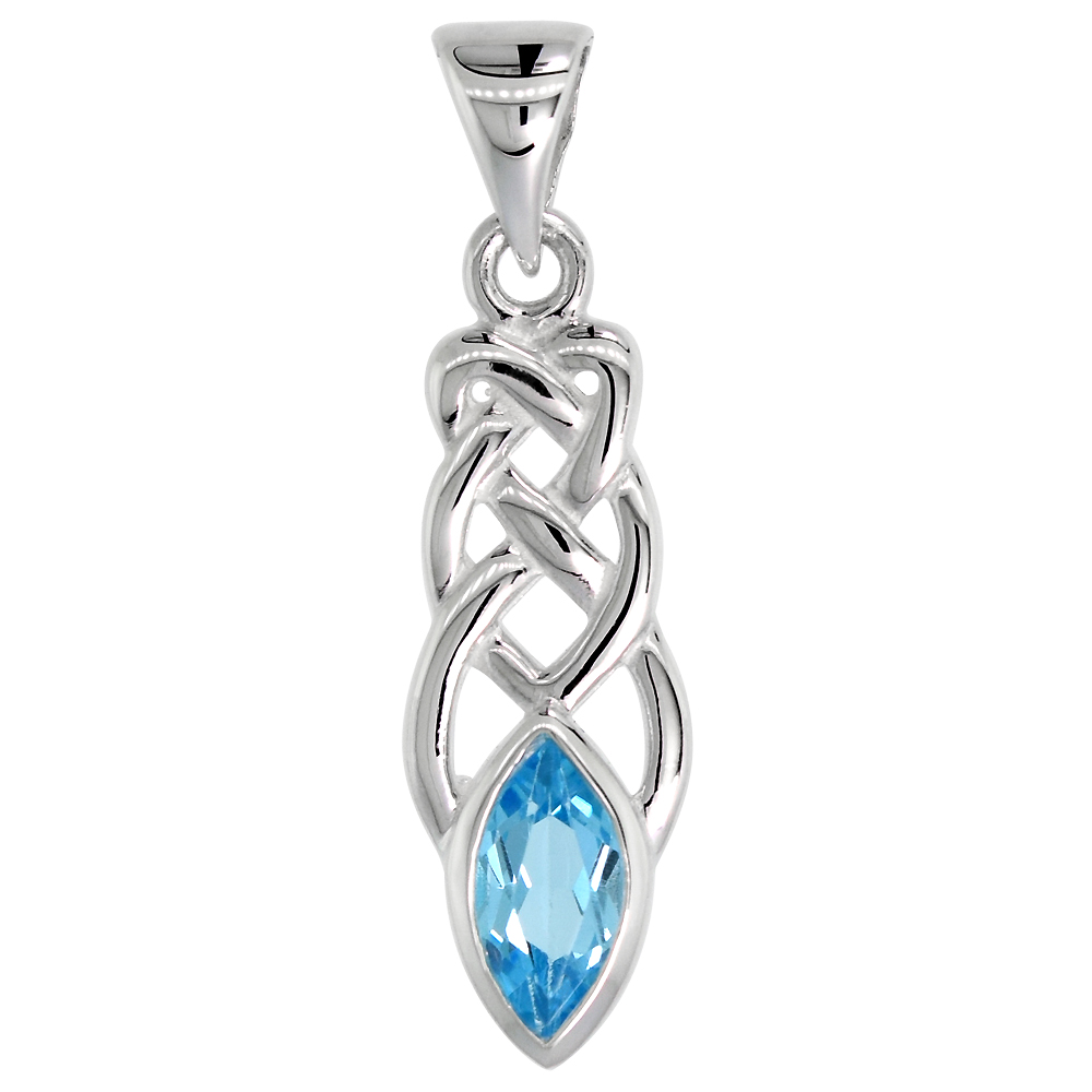 STERLING SILVER GENUINE BLUE TOPAZ CELTIC MOTHERHOOD KNOT PENDANT, 1 1/8 INCH LONG