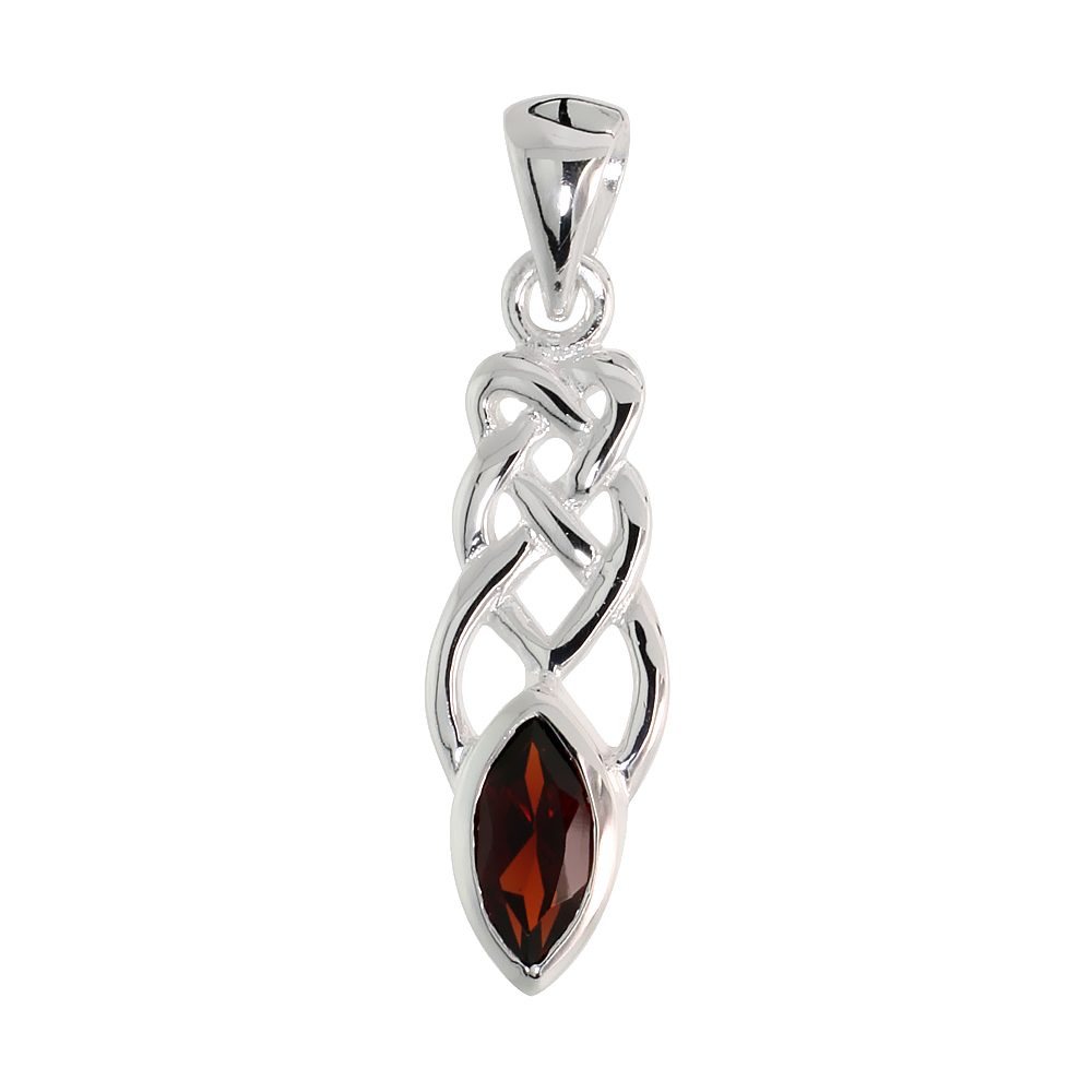 STERLING SILVER GENUINE GARNET CELTIC MOTHERHOOD KNOT PENDANT, 1 1/8 INCH LONG