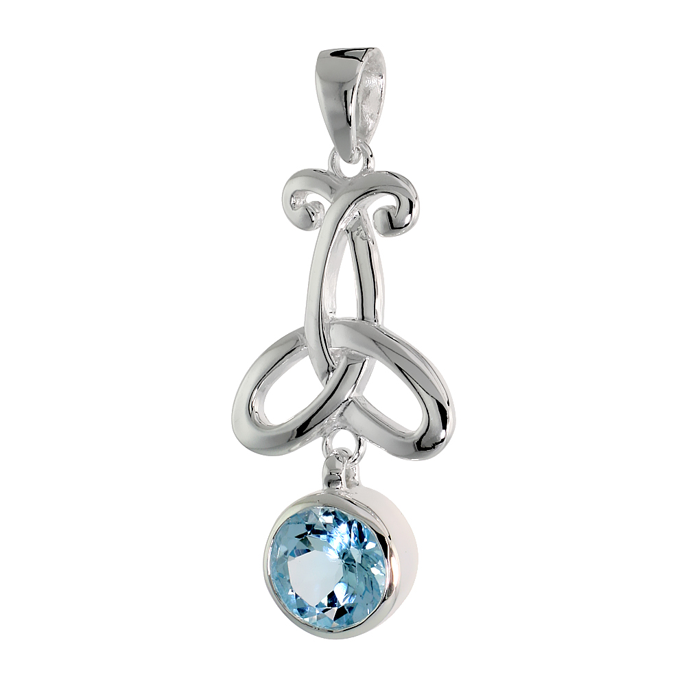 STERLING SILVER GENUINE BLUE TOPAZ TRIQUETRA PENDANT CELTIC TRINITY KNOT, 1 1/2 INCH LONG