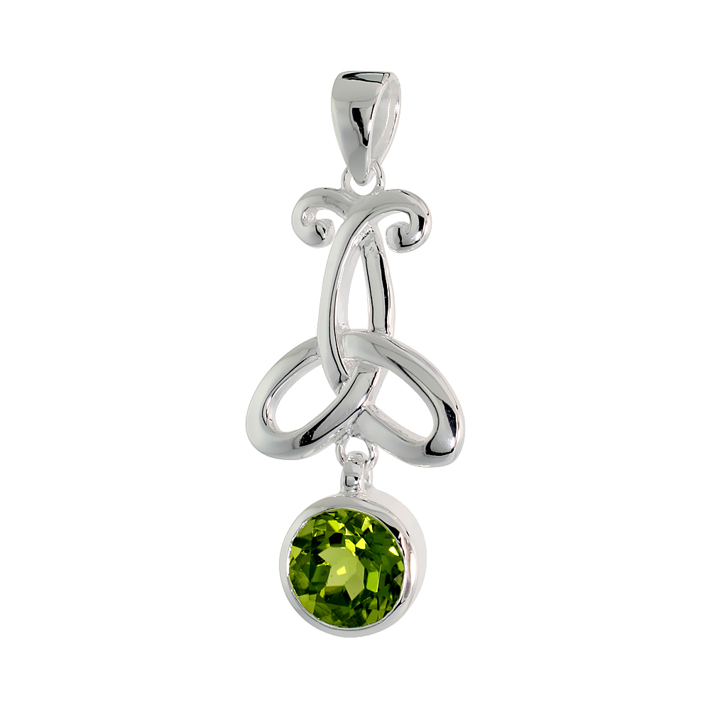 STERLING SILVER GENUINE PERIDOT TRIQUETRA PENDANT CELTIC TRINITY KNOT, 1 1/2 INCH LONG