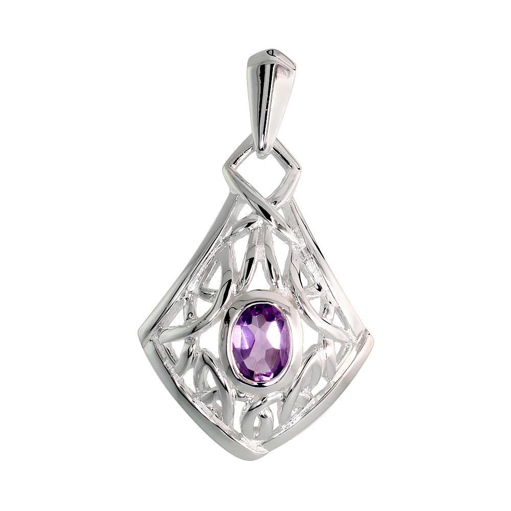 STERLING SILVER GENUINE AMETHYST CELTIC QUATERNARY KNOT PENDANT, 1 1/4 INCH LONG
