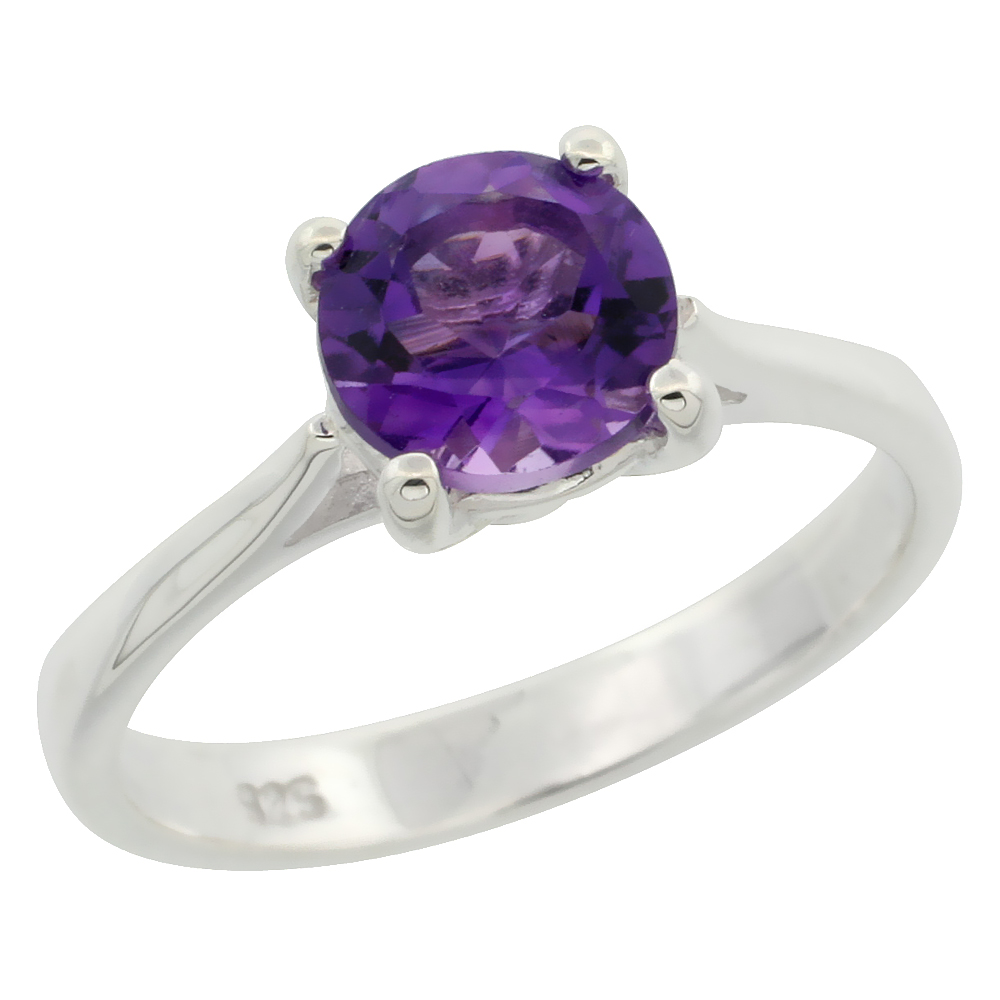 STERLING SILVER AMETHYST 1 1/4 CT SOLITAIRE RING 1/4 INCH WIDE, SIZES 6 - 10