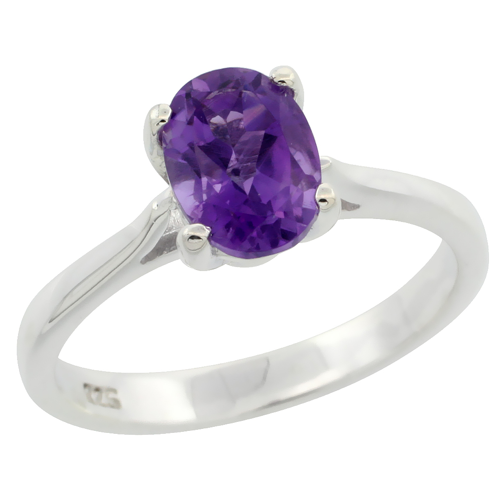 STERLING SILVER AMETHYST 1.1 CT OVAL SOLITAIRE RING 5/16 INCH WIDE, SIZES 6 - 10