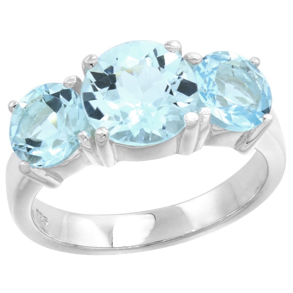 STERLING SILVER BLUE TOPAZ 3-STONE RING 4.5 CTTW 5/16 INCH WIDE, SIZES 6 - 10