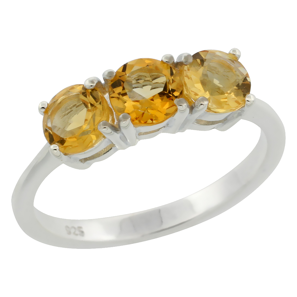 STERLING SILVER CITRINE 5MM 3-STONE RING 2 CTTW 3/16 INCH WIDE, SIZES 6 - 10