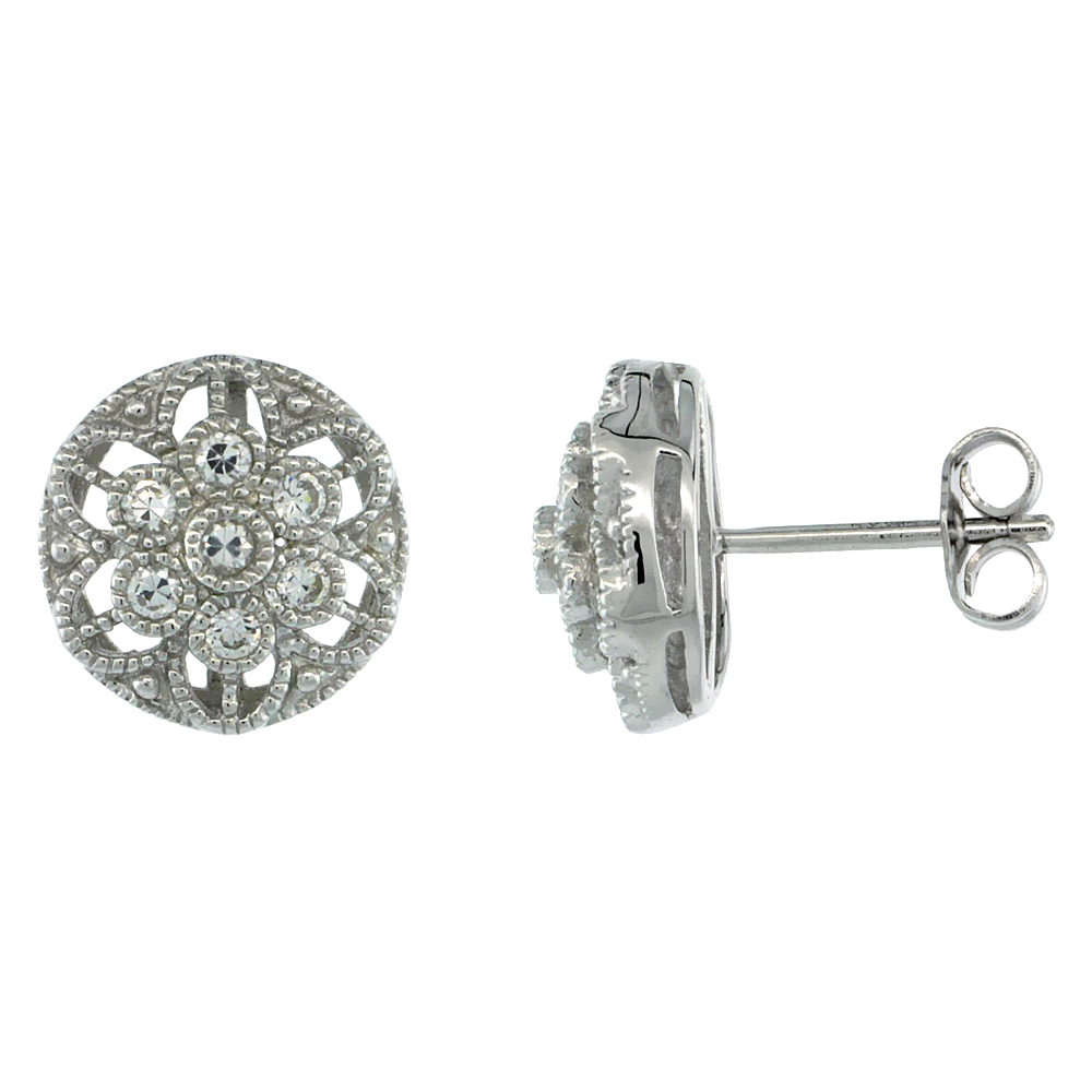 Sterling Silver Floral Round Post Earrings w/ Brilliant Cut CZ Stones, 1/2 in. (12 mm)