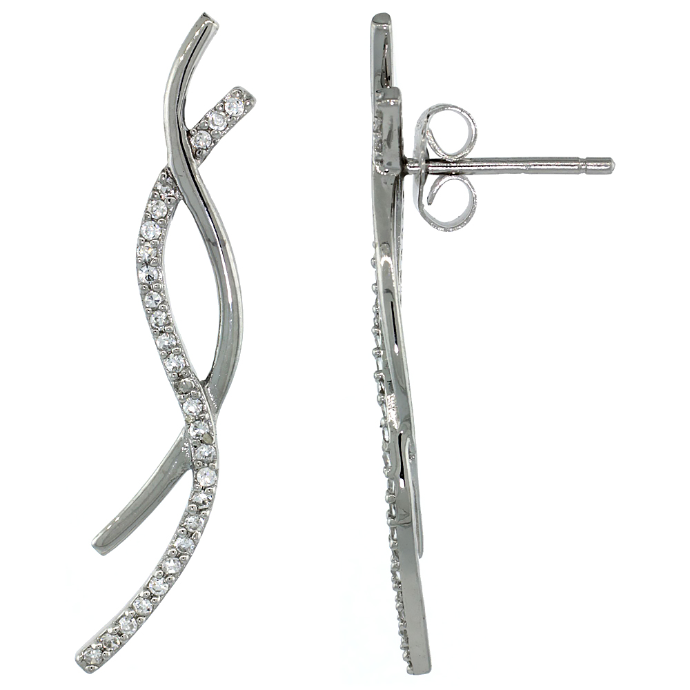 Sterling Silver Double Wire Knot Lace Post Earrings w/ Brilliant Cut CZ Stones, 1 7/16 in. (36 mm)