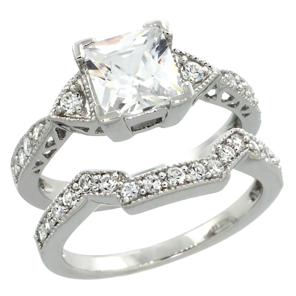 Sterling Silver Vintage Style 2-Pc. Square Engagement Ring Set w/ Princess (7 mm) &amp; Brilliant Cut CZ Stones, 5/16 in. (7.5 mm) wide