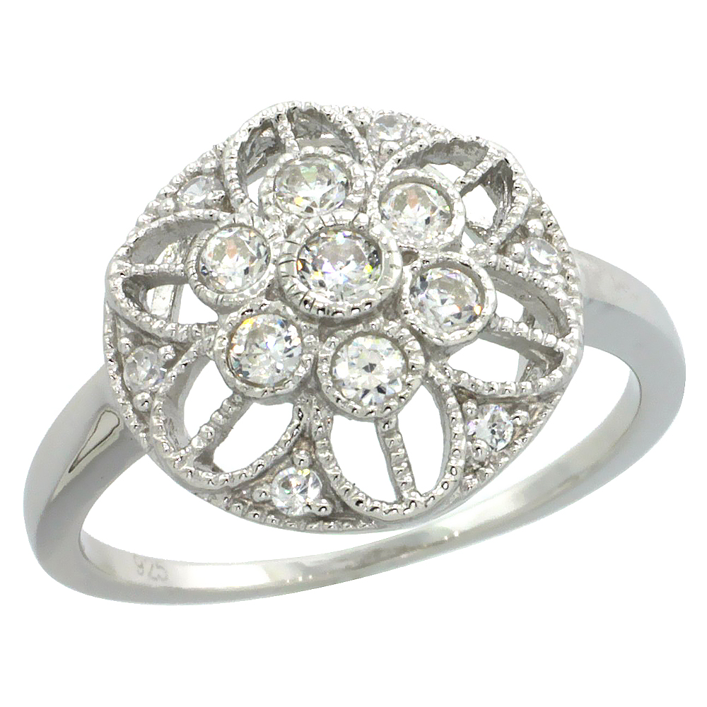 Sterling Silver Floral Flower Cut Outs Ring w/ Brilliant Cut CZ Stones, 1/2 in. (13 mm) wide