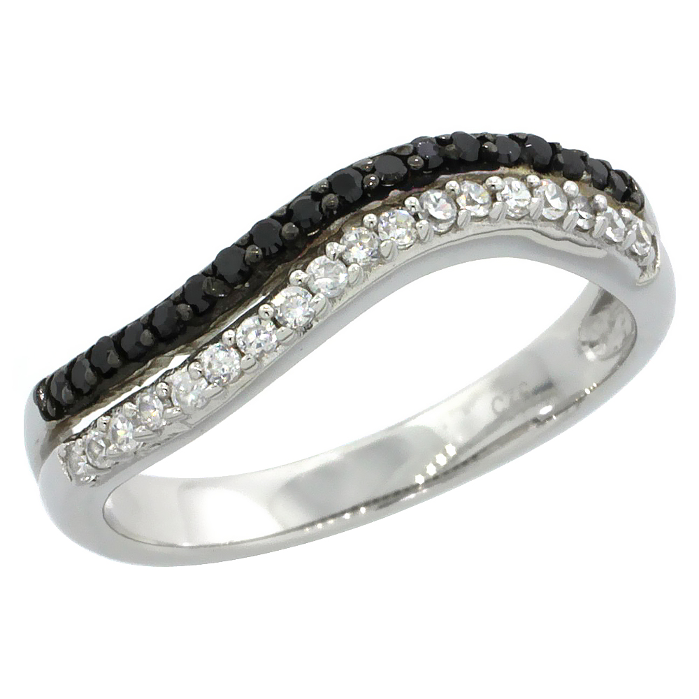 Sterling Silver Double Wire Wavy Ring w/ Brilliant Cut Clear &amp; Black CZ Stones, 5/32 in. (4 mm) wide