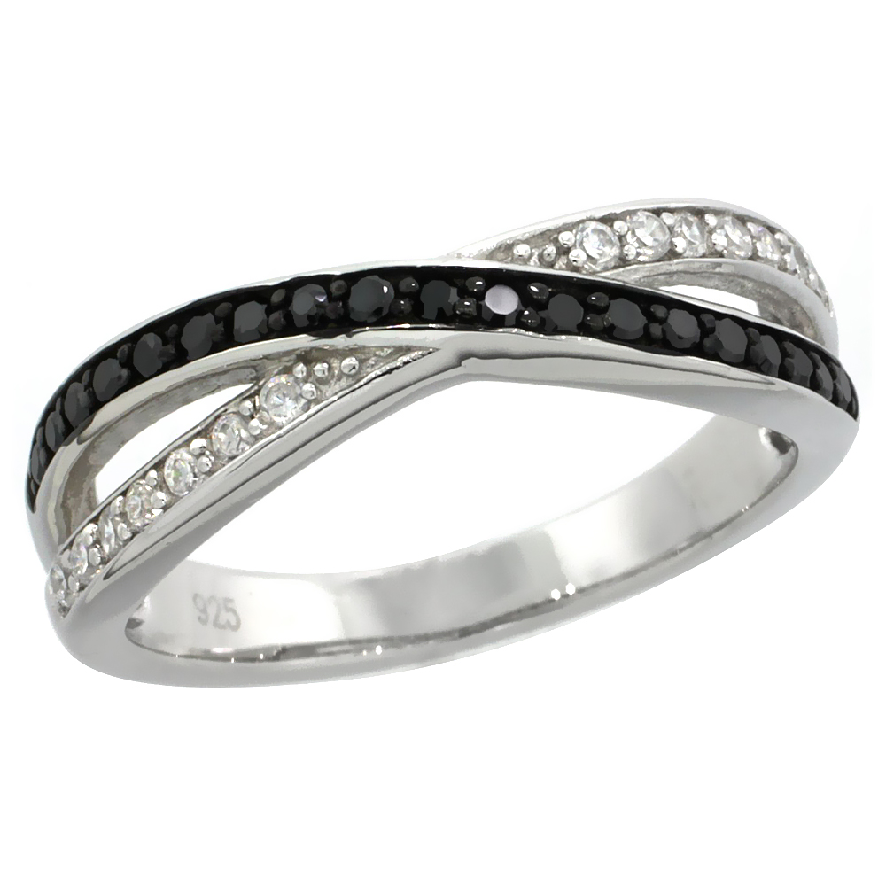 Sterling Silver Double Wire Crisscross Ring w/ Brilliant Cut Clear & Black CZ Stones, 7/32 in. (5.5 mm) wide