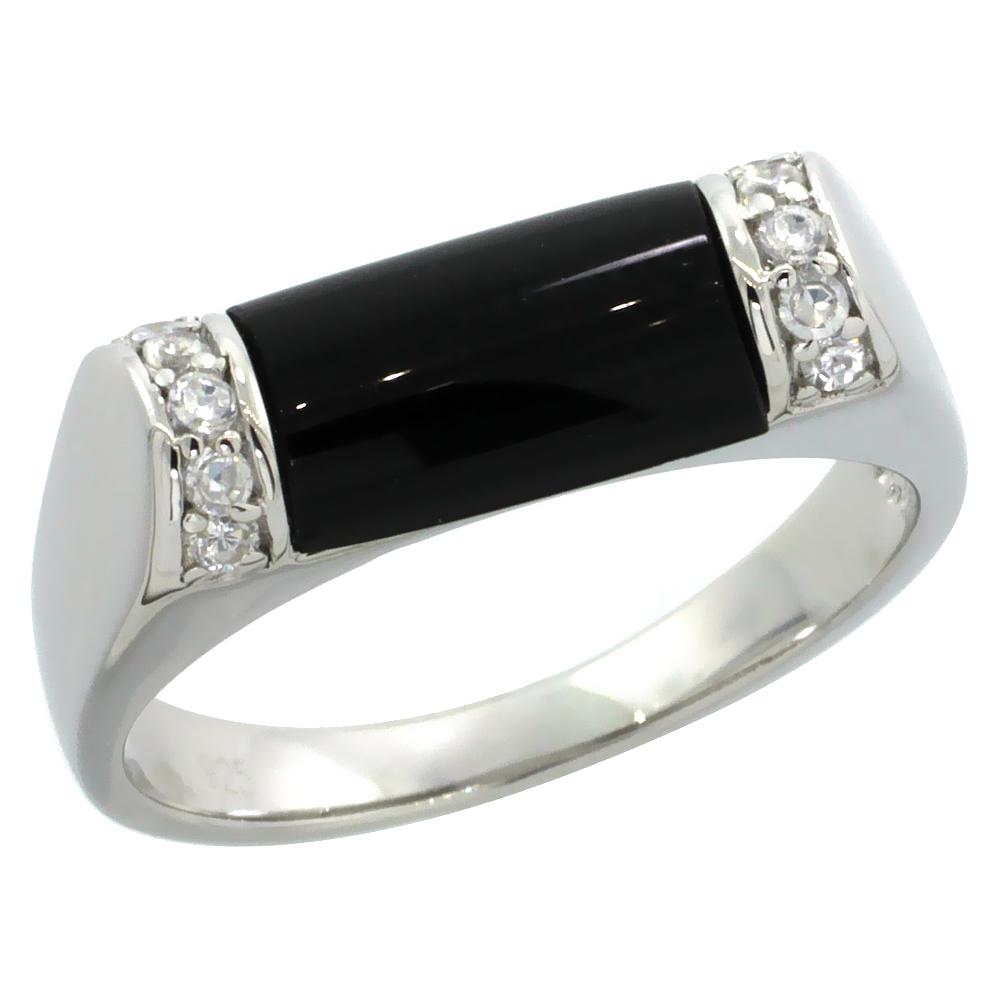 Sterling Silver Black Onyx Ring w/ Brilliant Cut CZ Stones, 1/4 in. (6 mm) wide