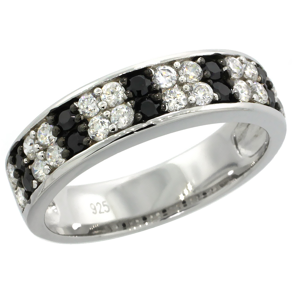 Sterling Silver 2-Row Flat Ring Band w/ Brilliant Cut Clear &amp; Black CZ Stones, 3/16 in. (5 mm) wide