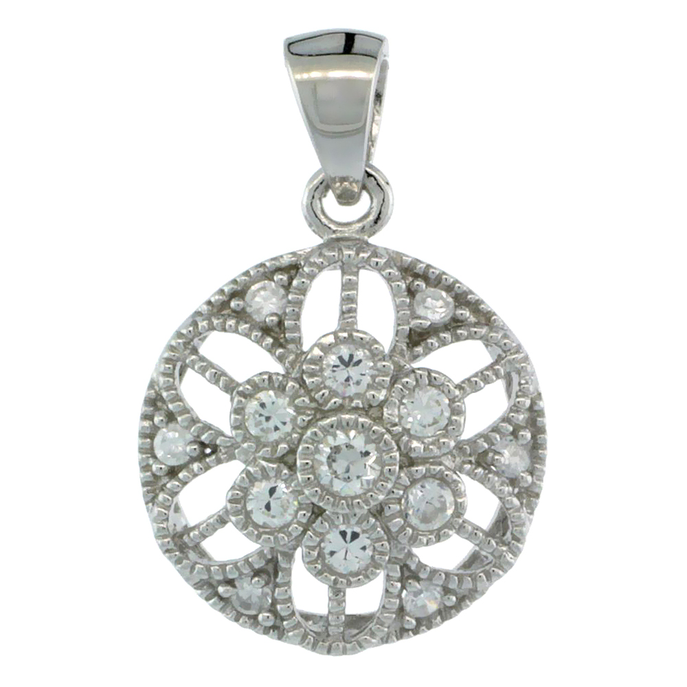 STERLING SILVER CUBIC ZIRCONIA JEWELED PEAR-SHAPED FLORAL PENDANT FOR WOMEN 9/16 INCH