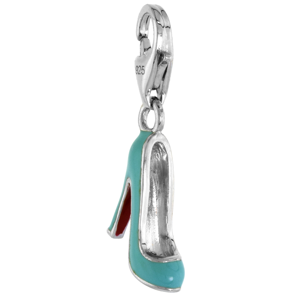 STERLING SILVER ENAMEL TURQUOISE STILETTO HIGH HEEL SHOE CHARM WITH LOBSTER CLASP FOR BRACELETS 3/4 INCH