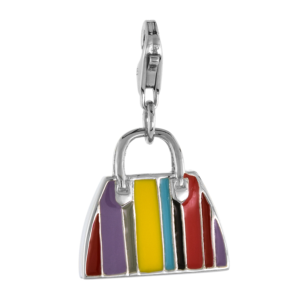 STERLING SILVER ENAMEL RAINBOW MULTI-COLOR WOMENS PURSE CHARM WITH LOBSTER CLASP FOR BRACELETS 9/16 INCH
