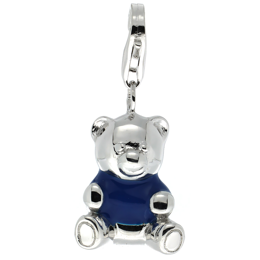 STERLING SILVER ENAMEL BLUE TEDDY BEAR CHARM WITH LOBSTER CLASP FOR BRACELETS WOMEN 13/16 INCH