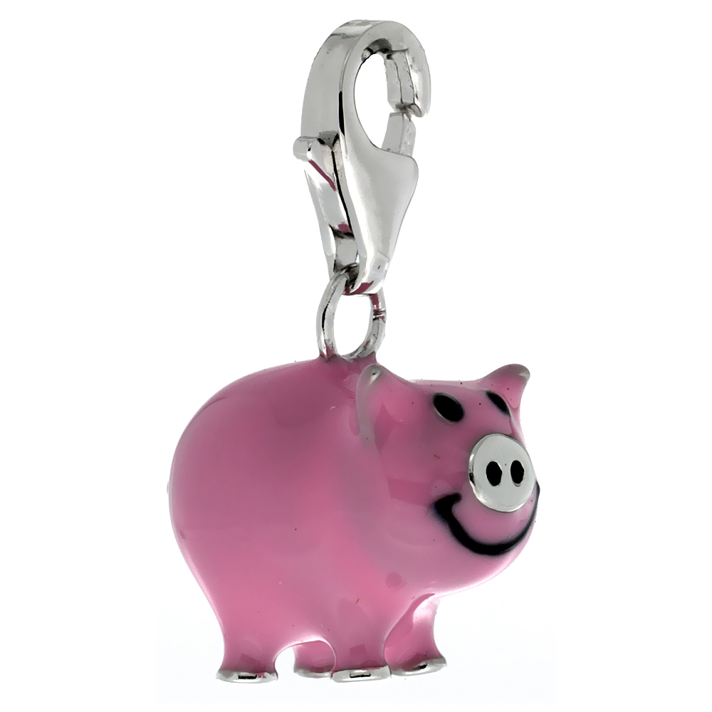 STERLING SILVER ENAMEL PINK PIGGY BANK CHARM WITH LOBSTER CLASP FOR BRACELETS WOMEN 5/8 INCH