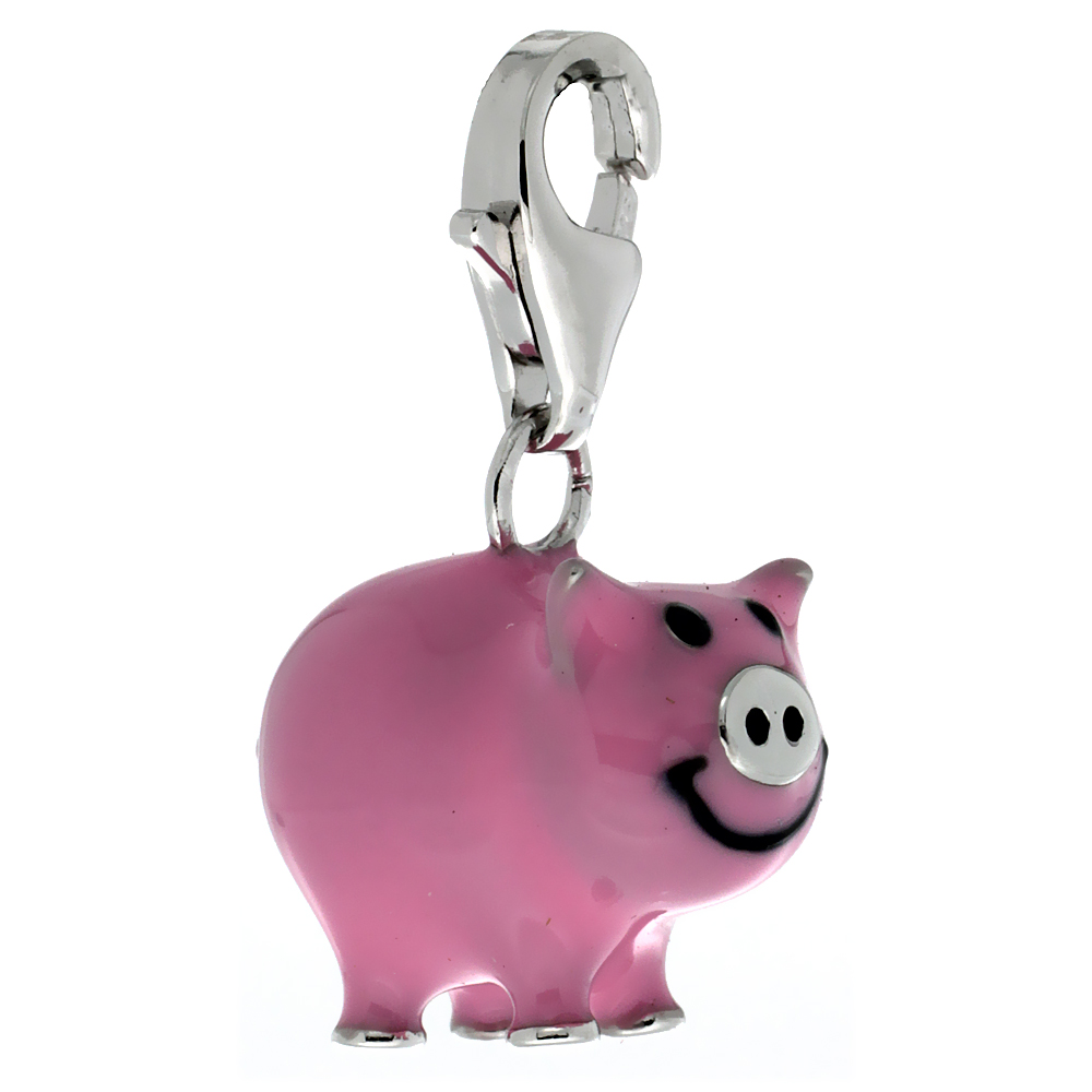 Sterling Silver Enamel Pink Piggy Bank Charm with Lobster Clasp for Bracelets Women 5/8 inch